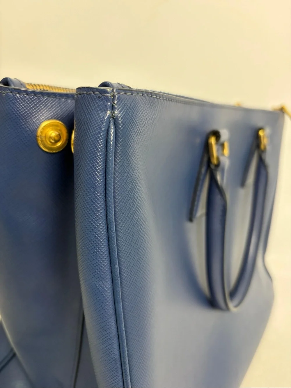 Prada Blue Saffiano Leather Satchel with Gold-Tone Hardware